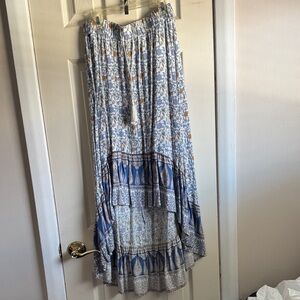 Source Unknown Blue & Cream High-Low Boho Floral Skirt